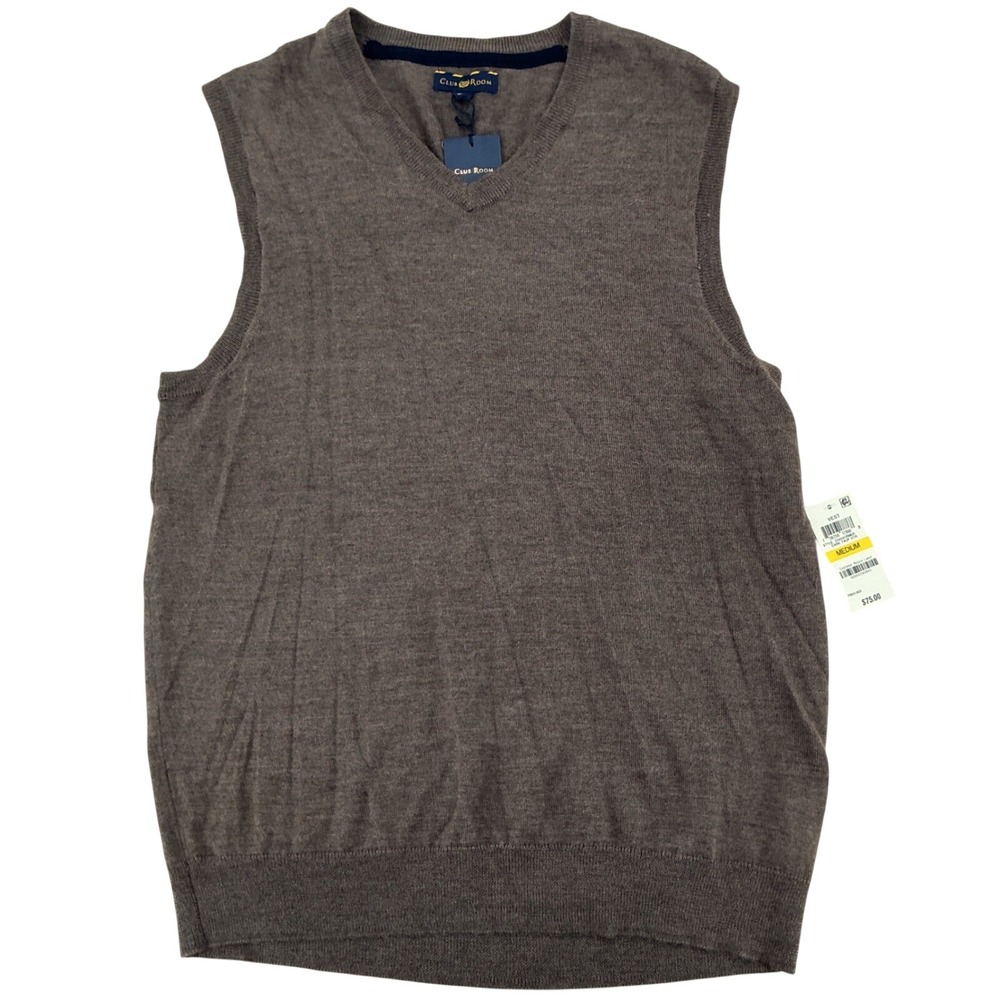 Club Room Sweater Vest Mens Medium Brown Merino Wool V-Neck Classic Preppy NEW
